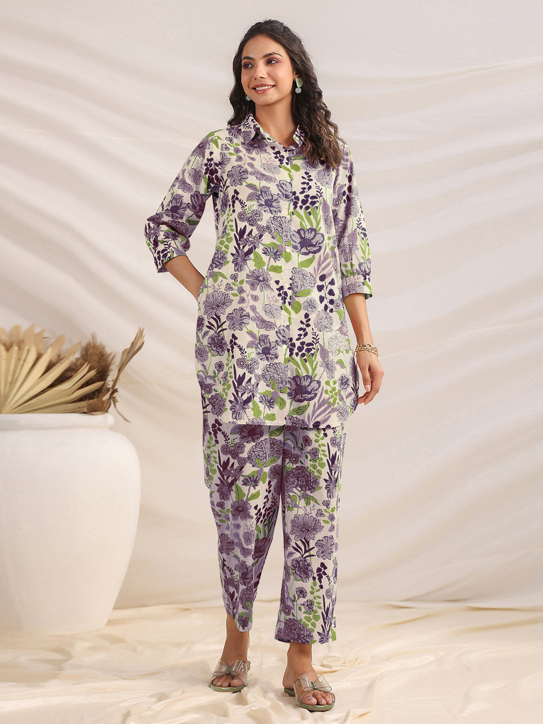 Janasya Women's Cream Pure Cotton Floral Printed Straight Co-ord Set