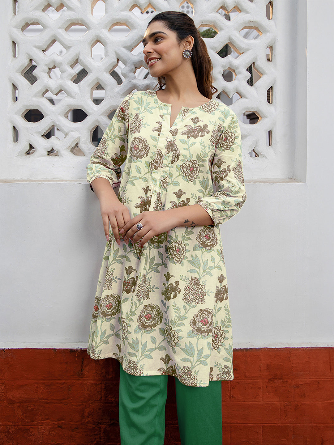 Off White Pure Cotton Floral Printed A-line Tunic