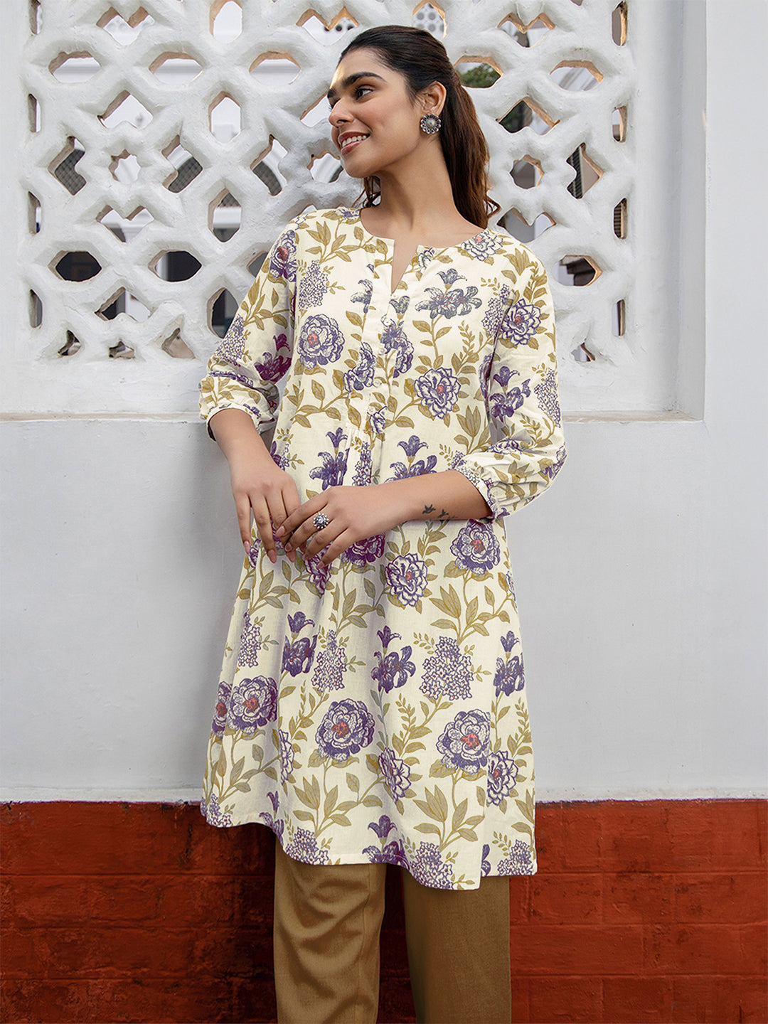 Off White Pure Cotton Floral Printed A-line Tunic