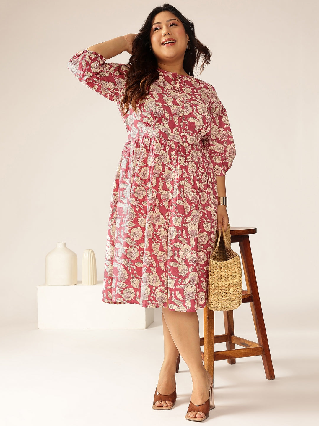 Plus Size Mauve Pure Cotton Floral Printed Gathered Dress – Janasya USA
