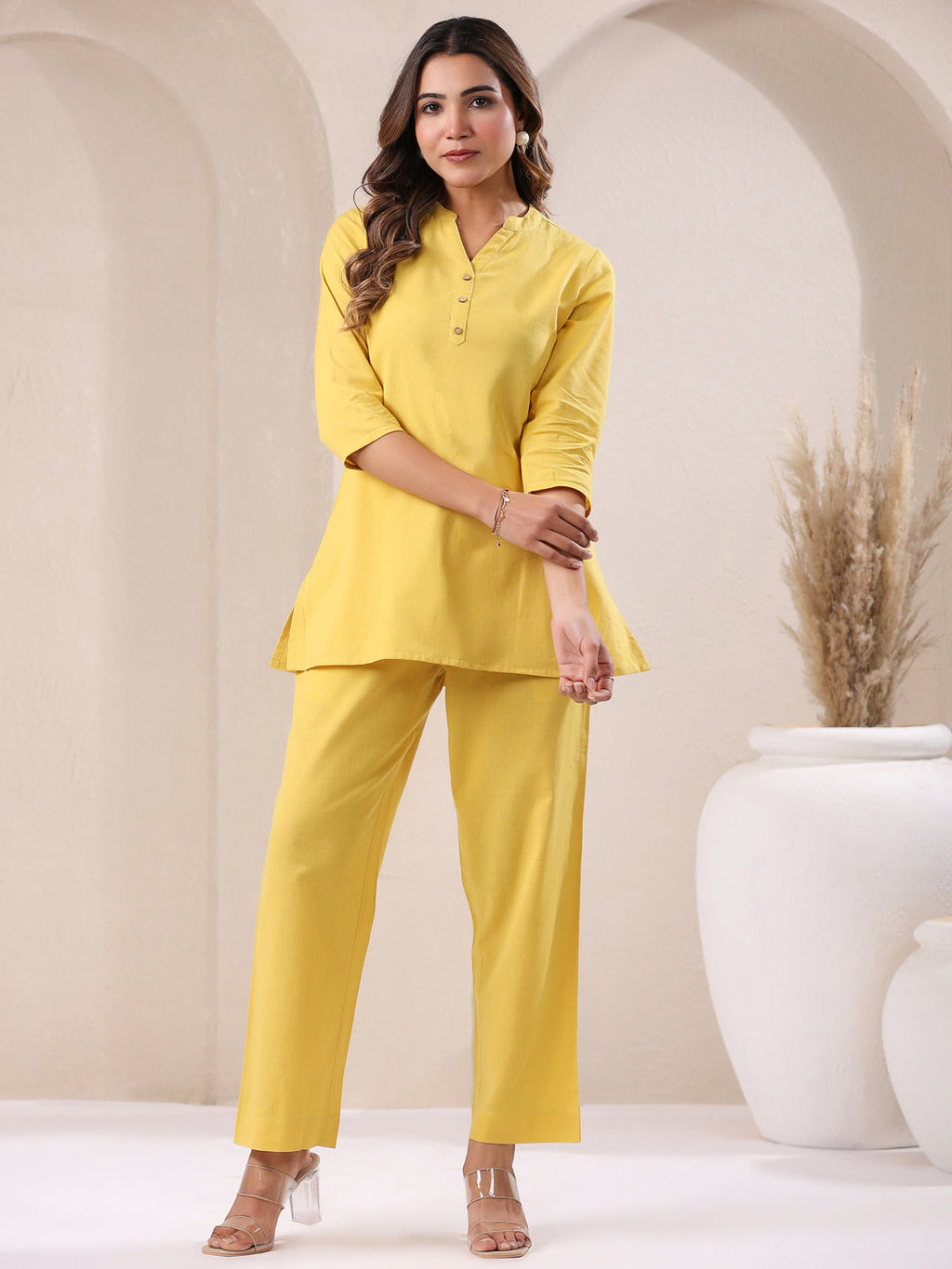 Yellow Cotton Solid A-line & Co-ord Set