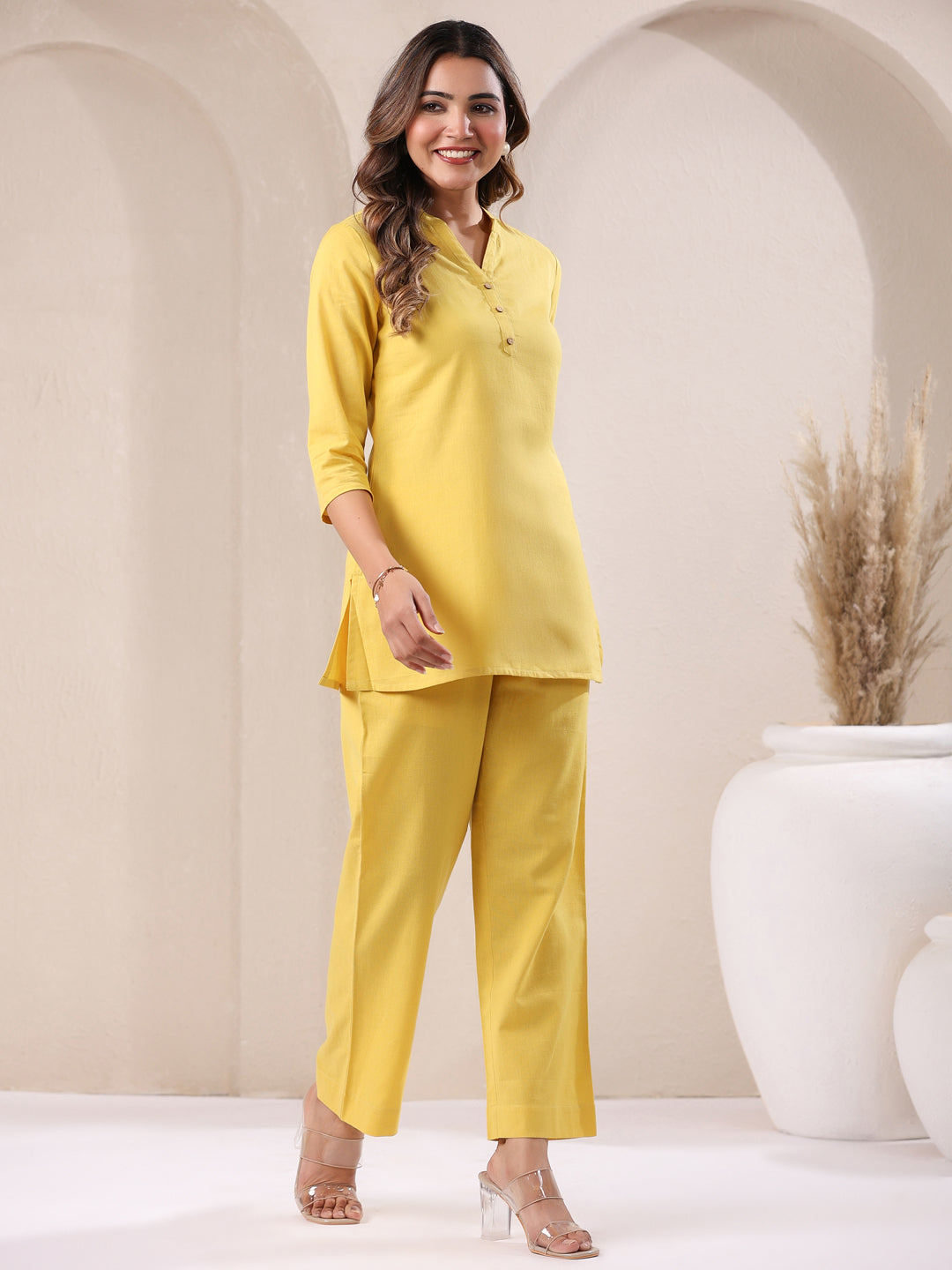 Yellow Cotton Solid A-line & Co-ord Set