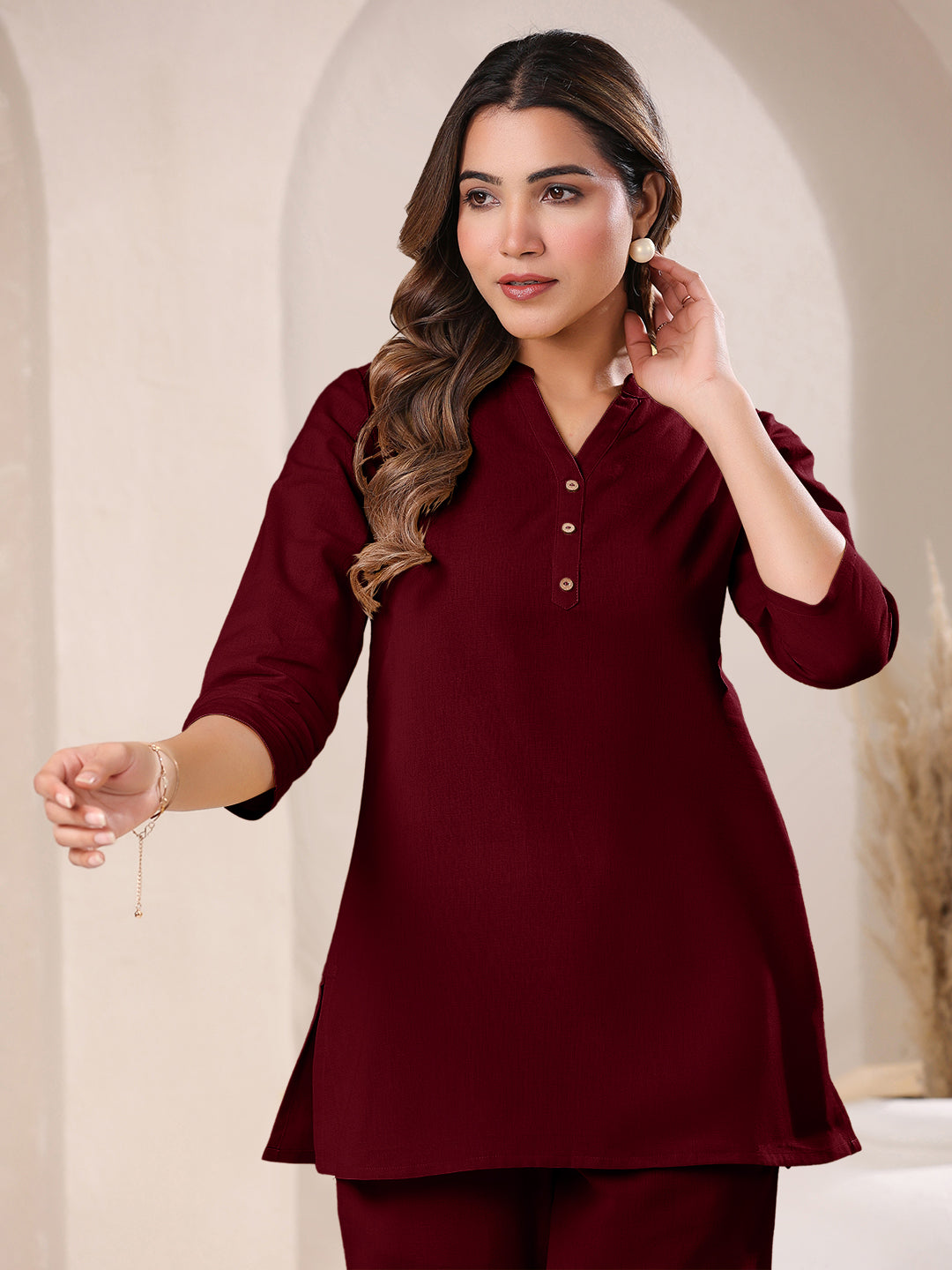 Maroon Cotton Solid A-line & Co-ord Set