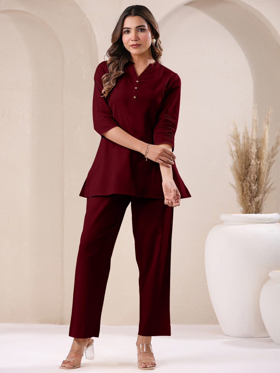 Maroon Cotton Solid A-line & Co-ord Set