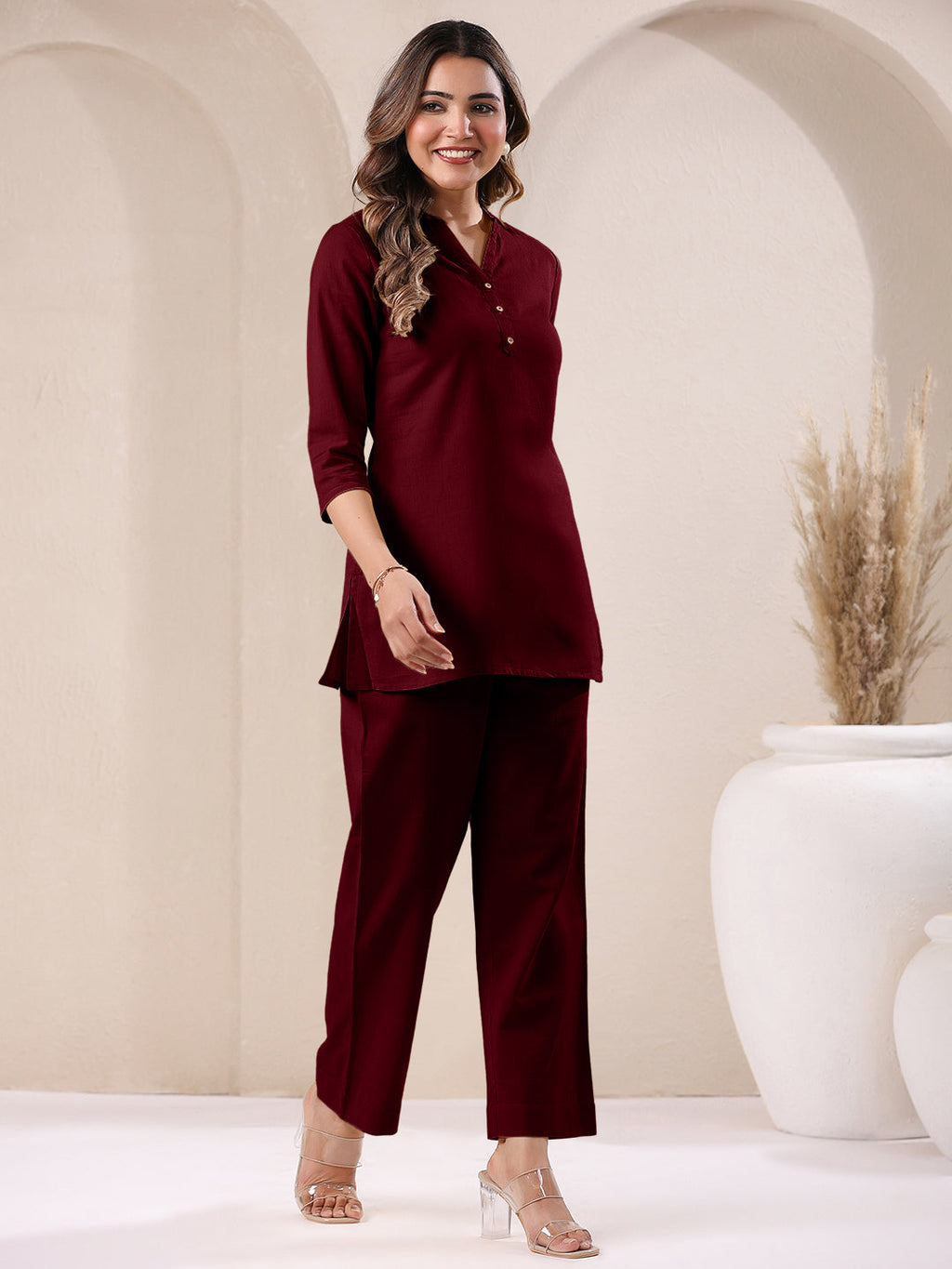 Maroon Cotton Solid A-line & Co-ord Set