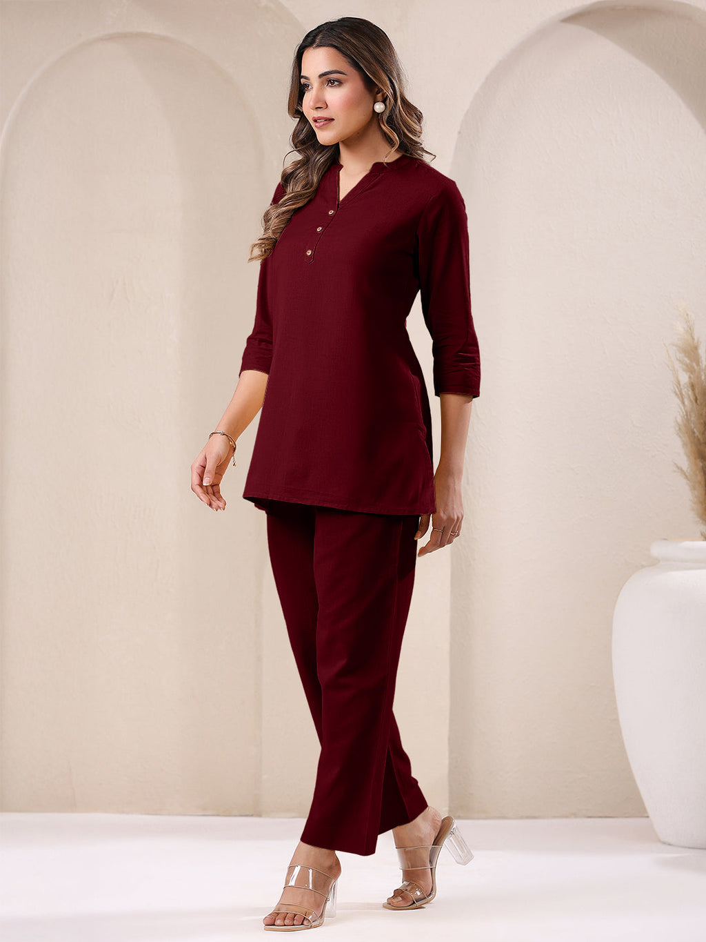 Maroon Cotton Solid A-line & Co-ord Set