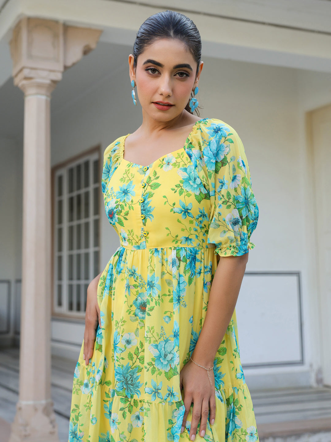 Yellow Georgette Floral Print Flared Western Dress