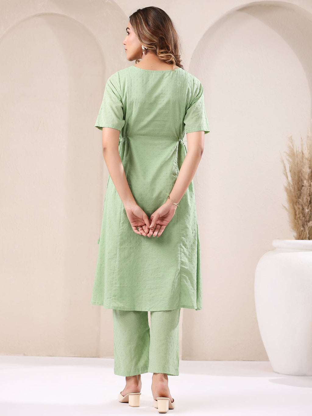 Green Dobby Pure Cotton Self Design A-line Kurta Pant Set