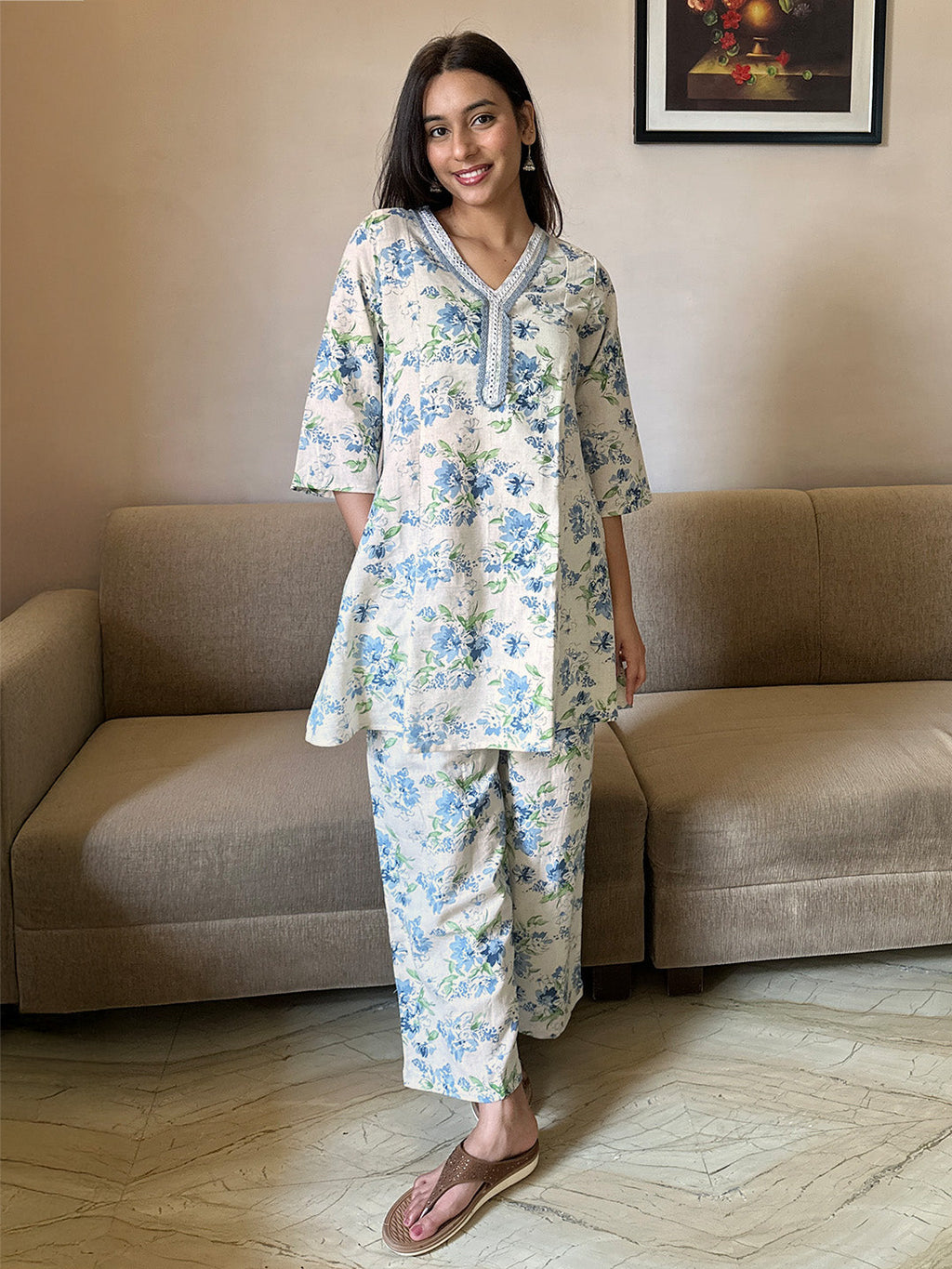 Off White Cotton Yoke Embroidery A-line Co-ord Set