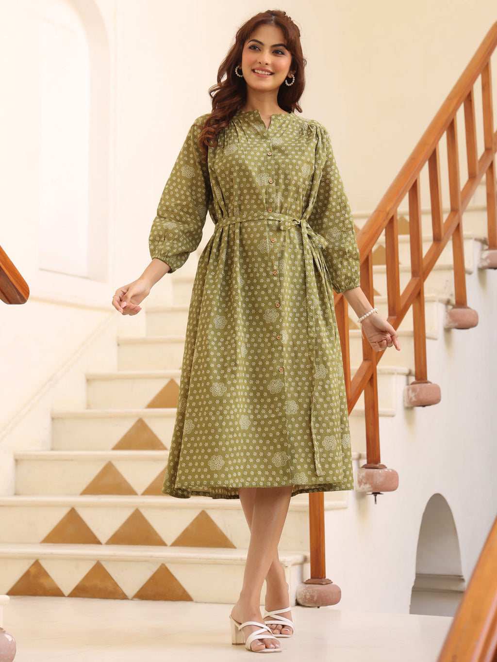 Olive Green Pure Cotton Floral Printed A-line Dress