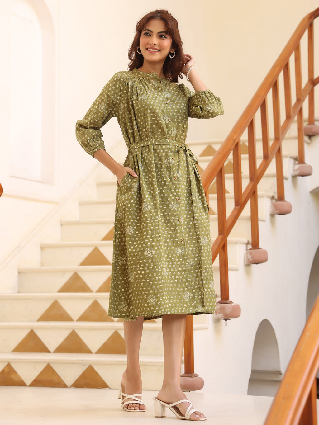 Olive Green Pure Cotton Floral Printed A-line Dress