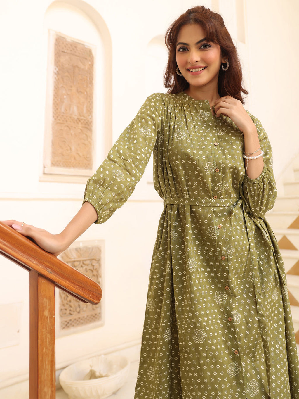 Olive Green Pure Cotton Floral Printed A-line Dress