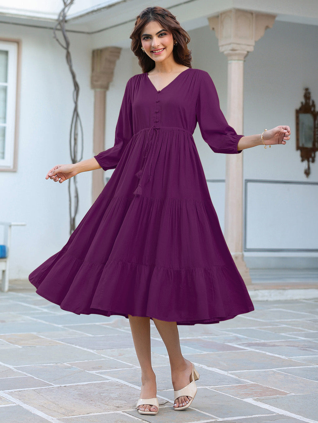 Purple Rayon Solid Tiered Dress