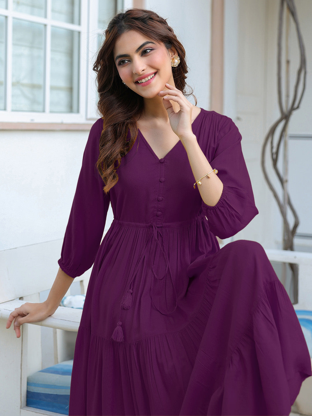 Purple Rayon Solid Tiered Dress
