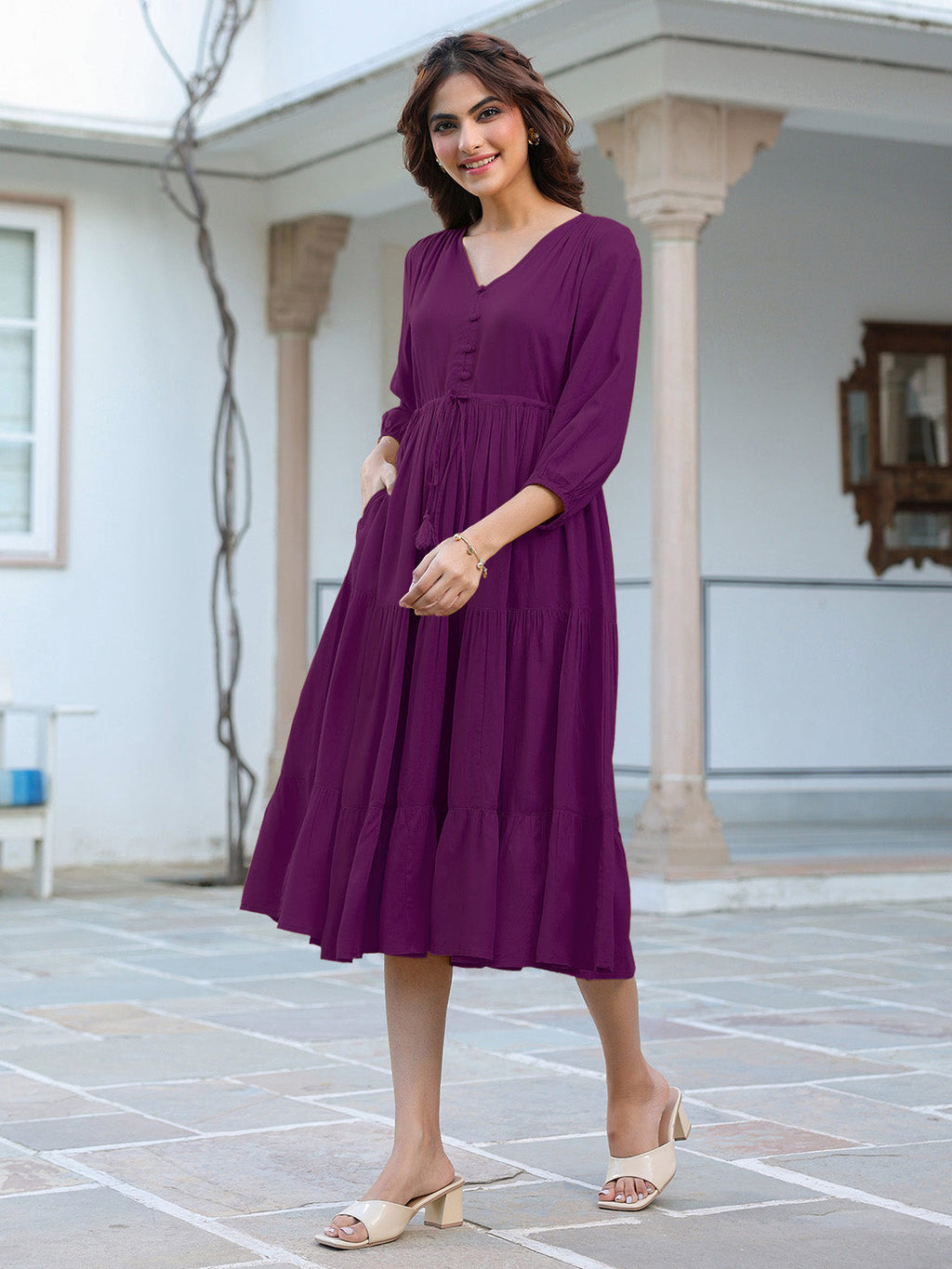 Purple Rayon Solid Tiered Dress