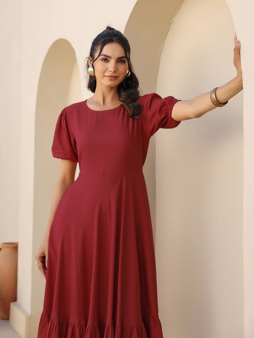 Maroon Rayon Solid Tiered Dress