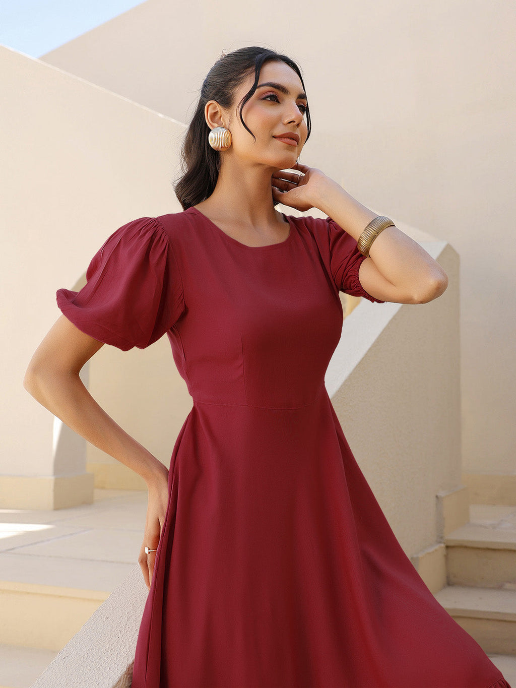 Maroon Rayon Solid Tiered Dress