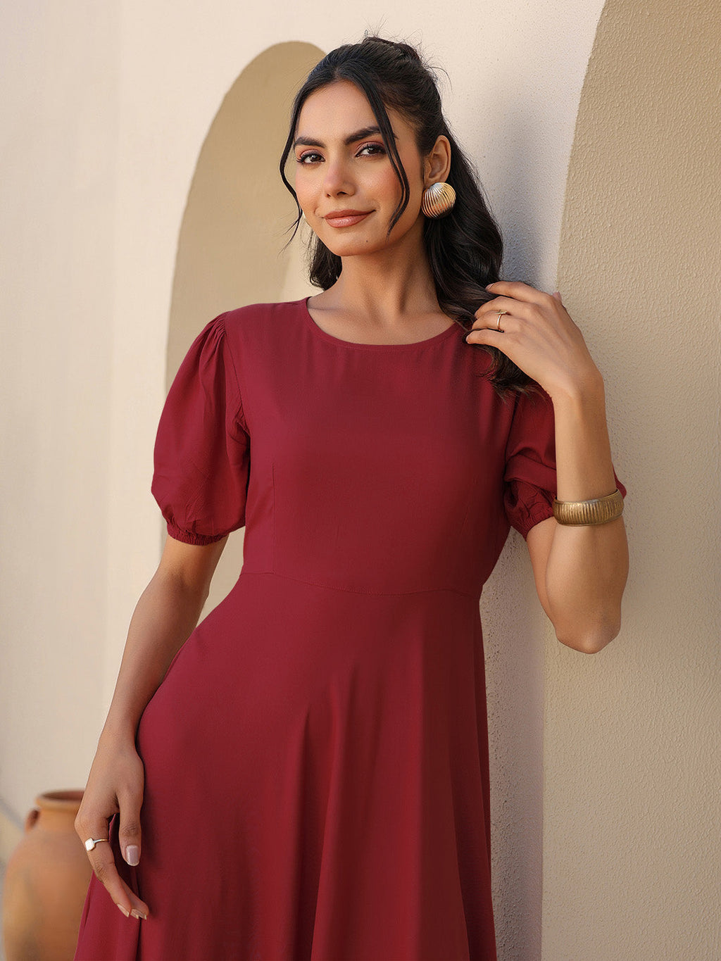 Maroon Rayon Solid Tiered Dress