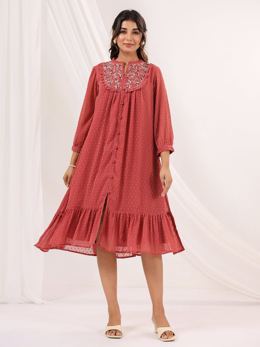 Janasya Women's Mauve Dobby Chiffon Embroidered A line Dress