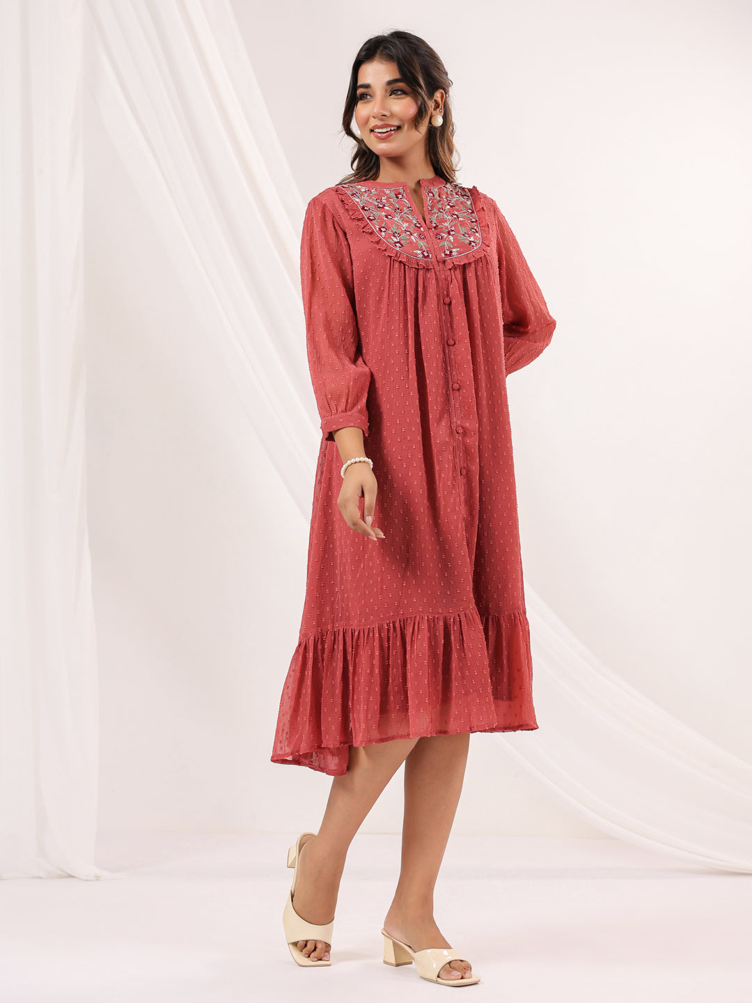 Janasya Women's Mauve Dobby Chiffon Embroidered A line Dress