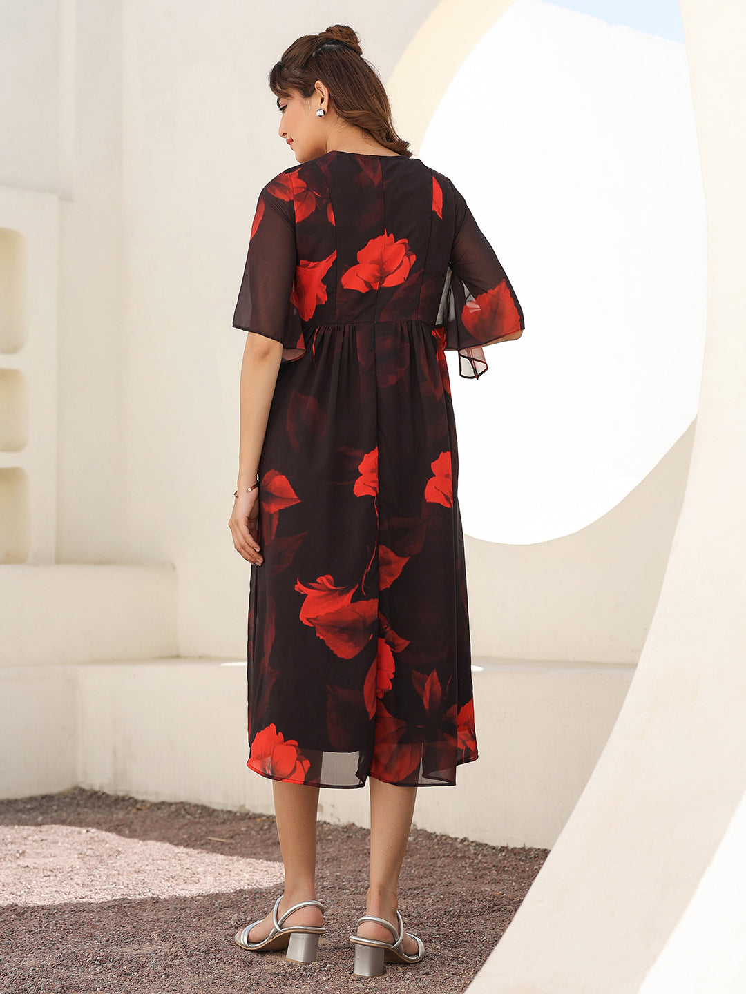Black Georgette Floral Printed A-line Dress