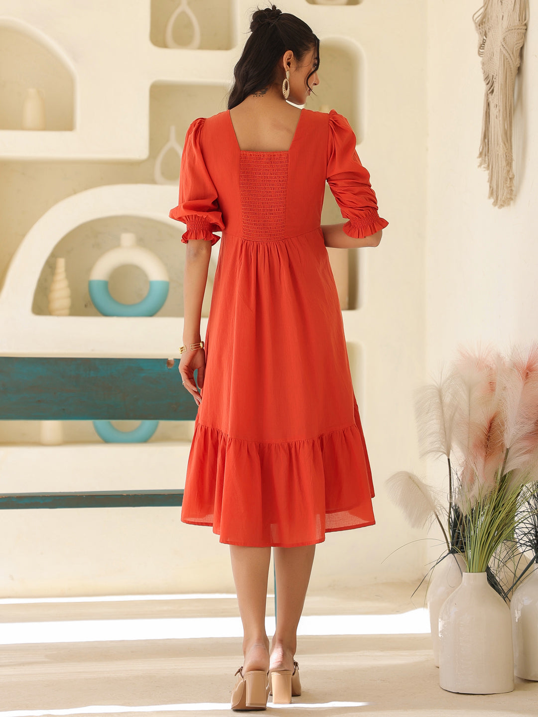 Rust Pure Cotton Solid A-line Dress