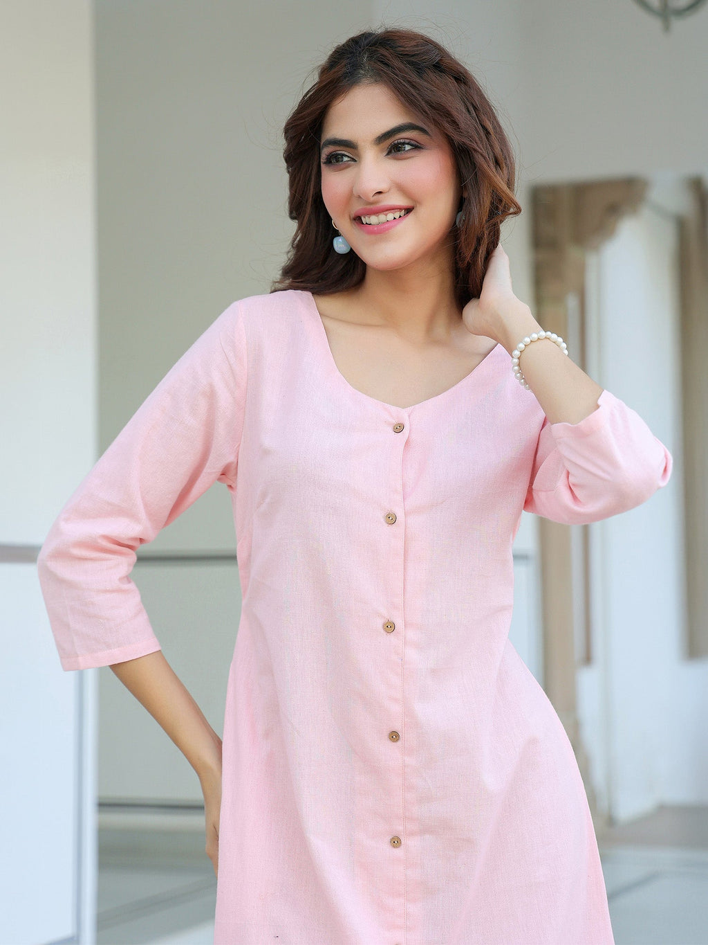 Pink Cotton Solid A-line Dress