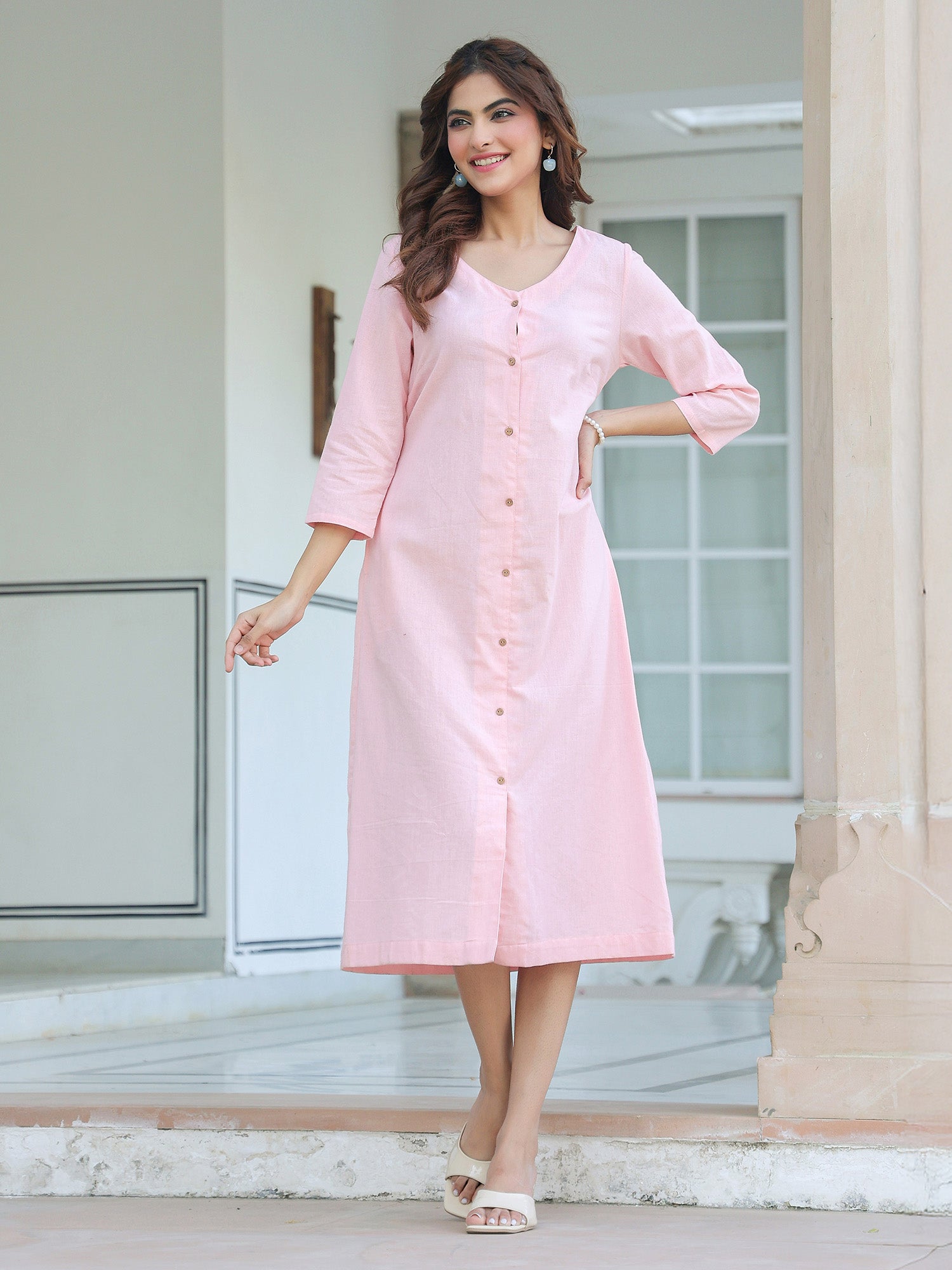 Pink Cotton Solid A-line Dress
