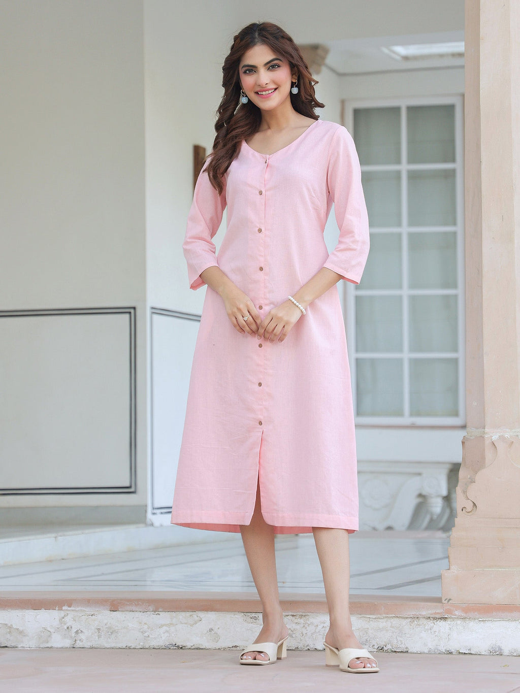Pink Cotton Solid A-line Dress