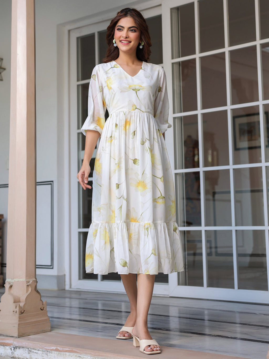 White Georgette Floral Printed Tiered Dress