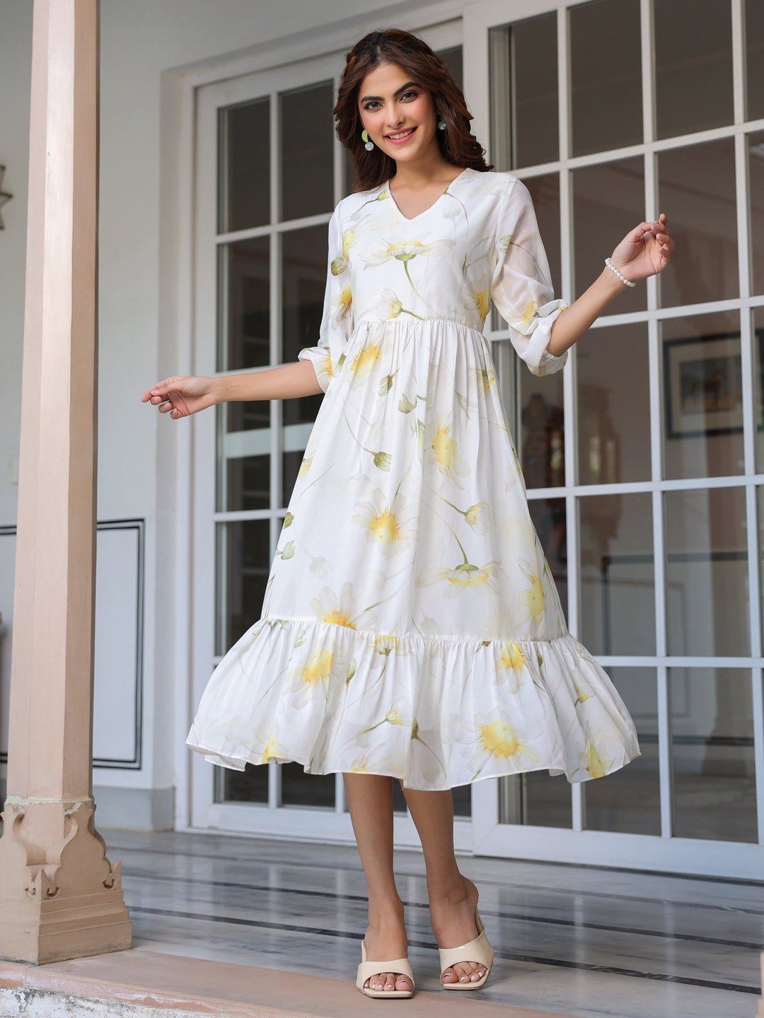 White Georgette Floral Printed Tiered Dress