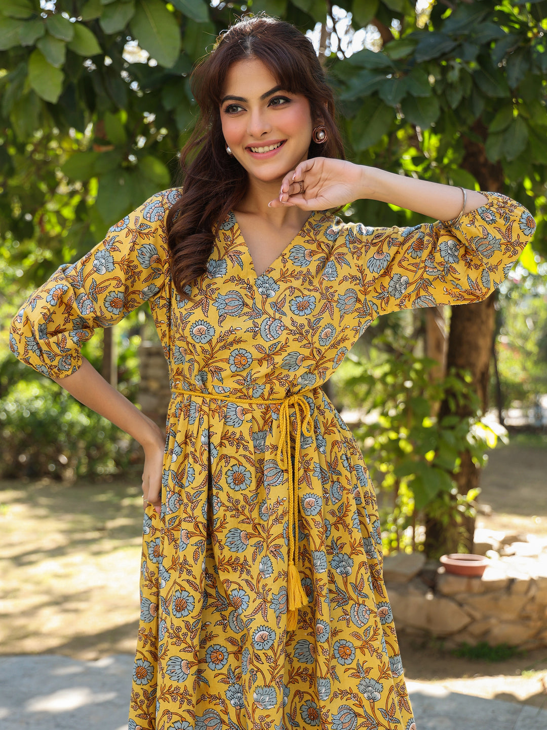 Yellow Pure Cotton Floral Printed A-line Dress