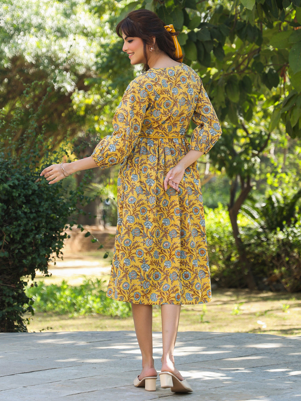 Yellow Pure Cotton Floral Printed A-line Dress