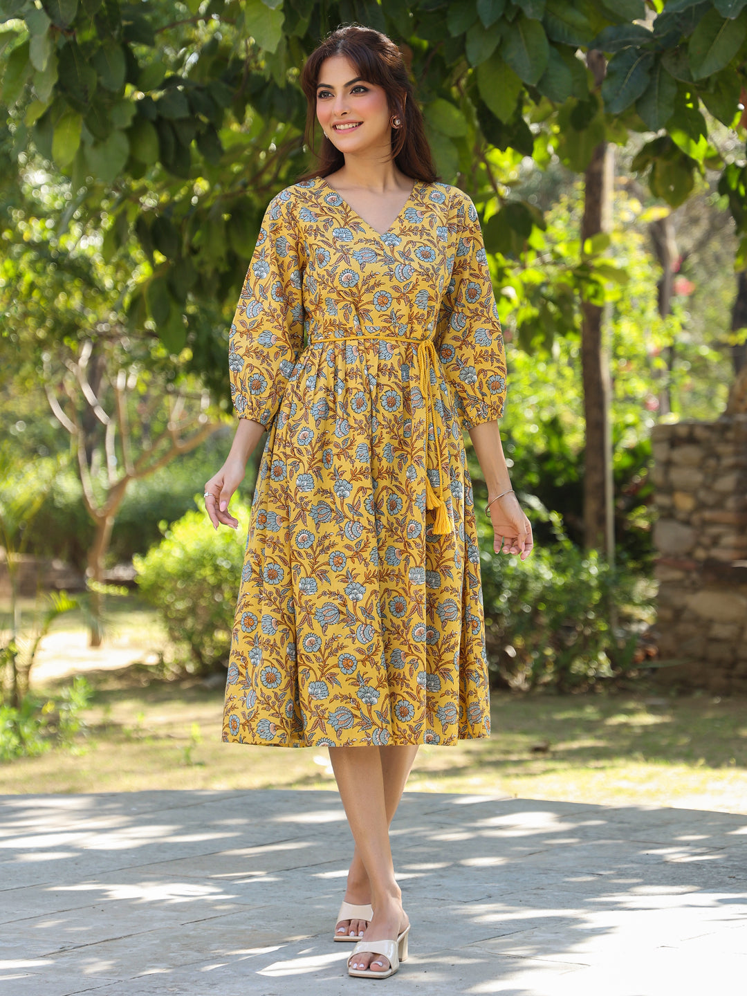 Yellow Pure Cotton Floral Printed A-line Dress