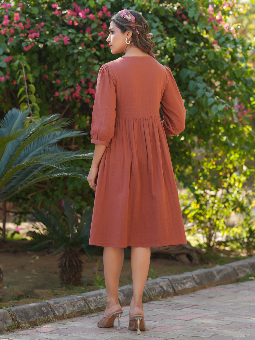 Rust Pure Cotton Solid Gathered Dress