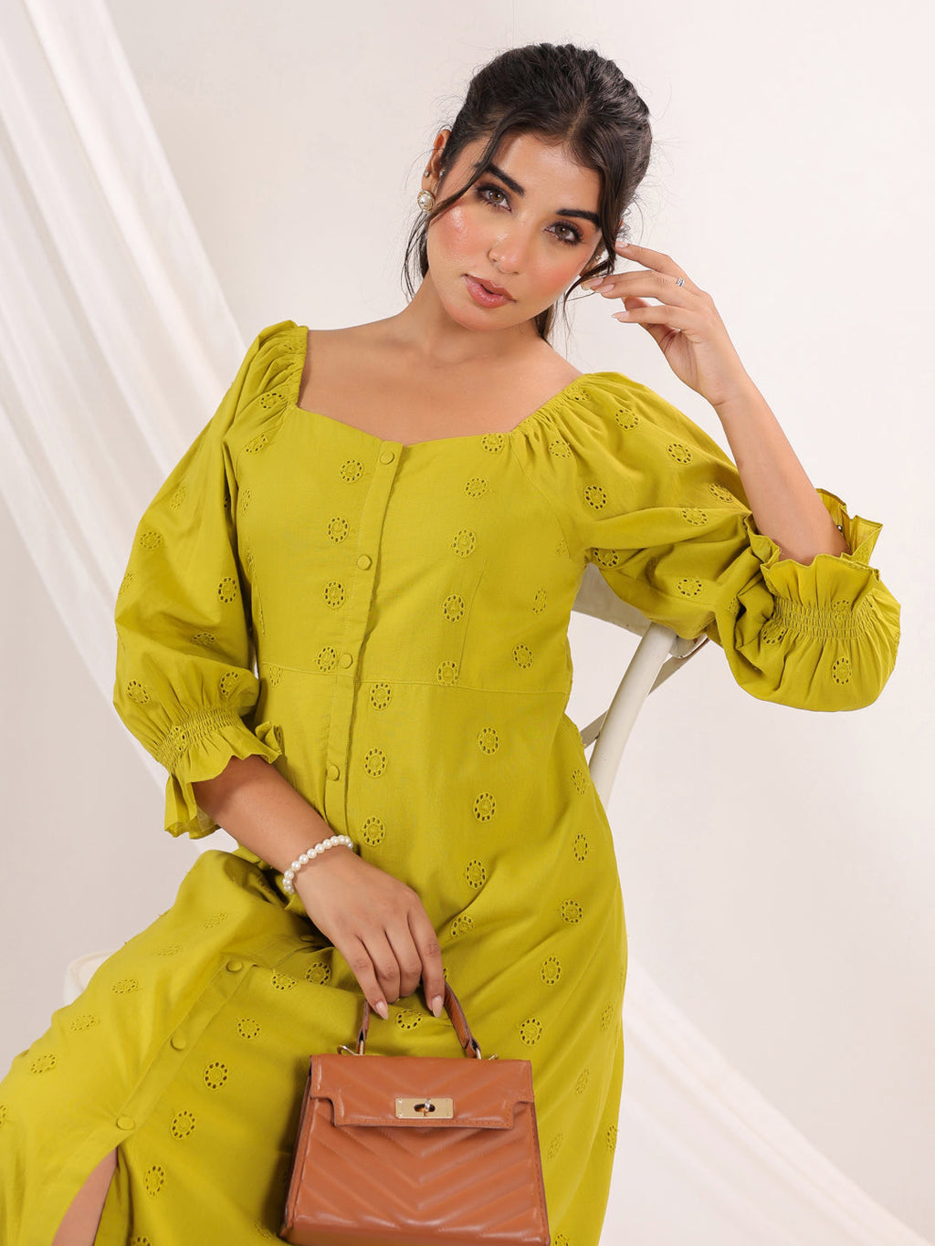 Janasya Women's Lime Green Pure Cotton Schiffli A line Dress