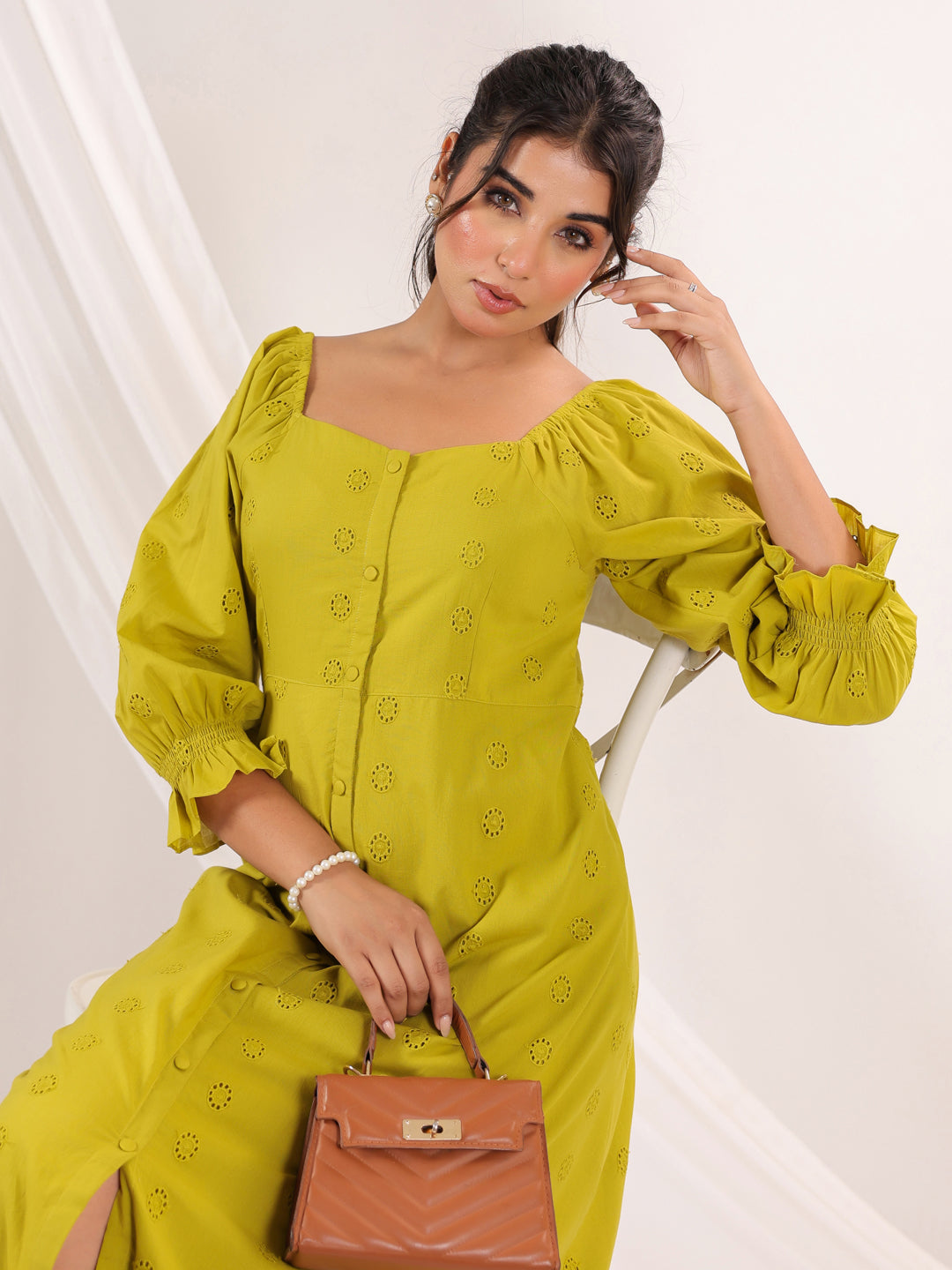 Janasya Women's Lime Green Pure Cotton Schiffli A line Dress