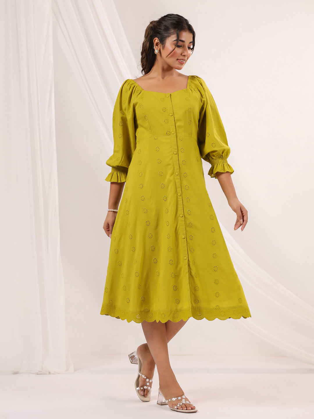 Janasya Women's Lime Green Pure Cotton Schiffli A line Dress