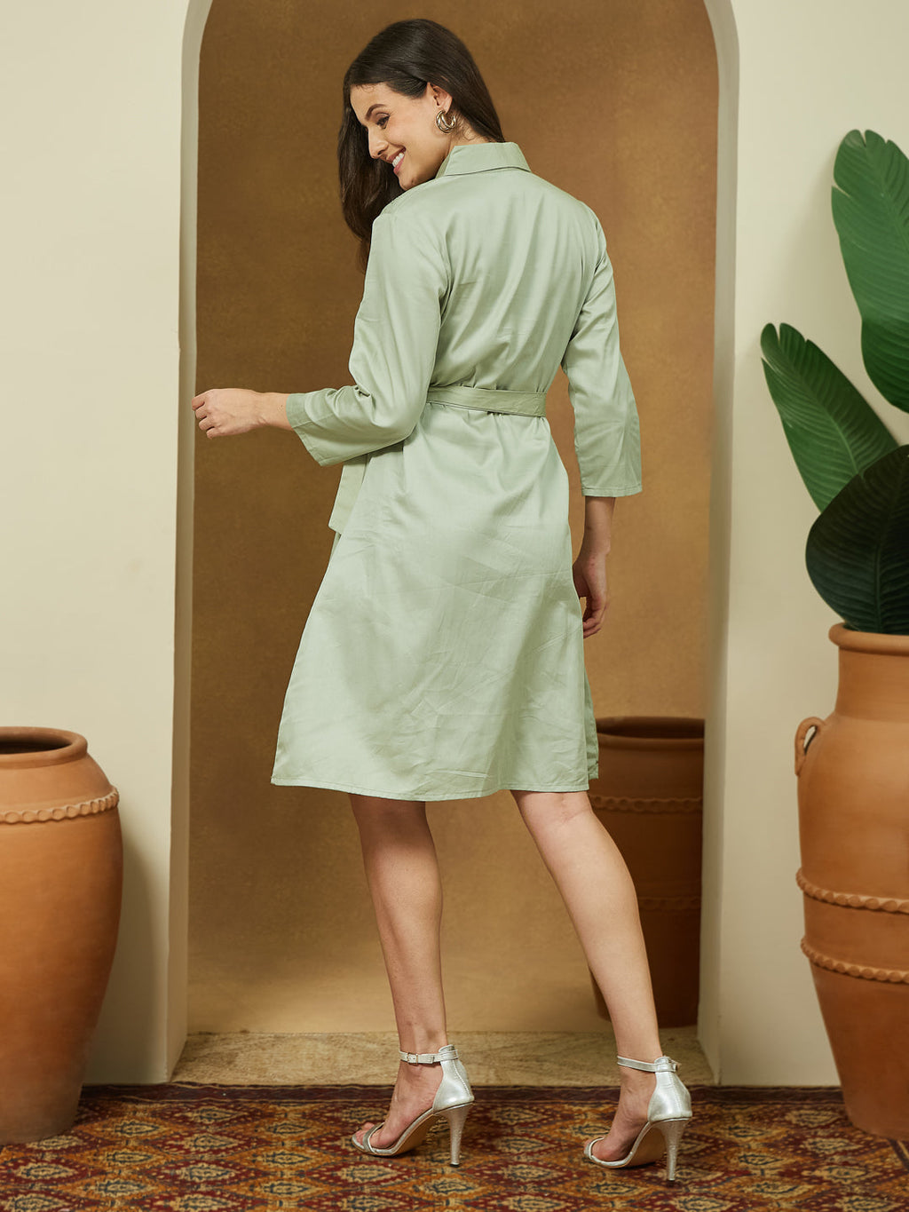 Janasya Women's Sage Green Cotton Embellished A-line Tie-up Dress