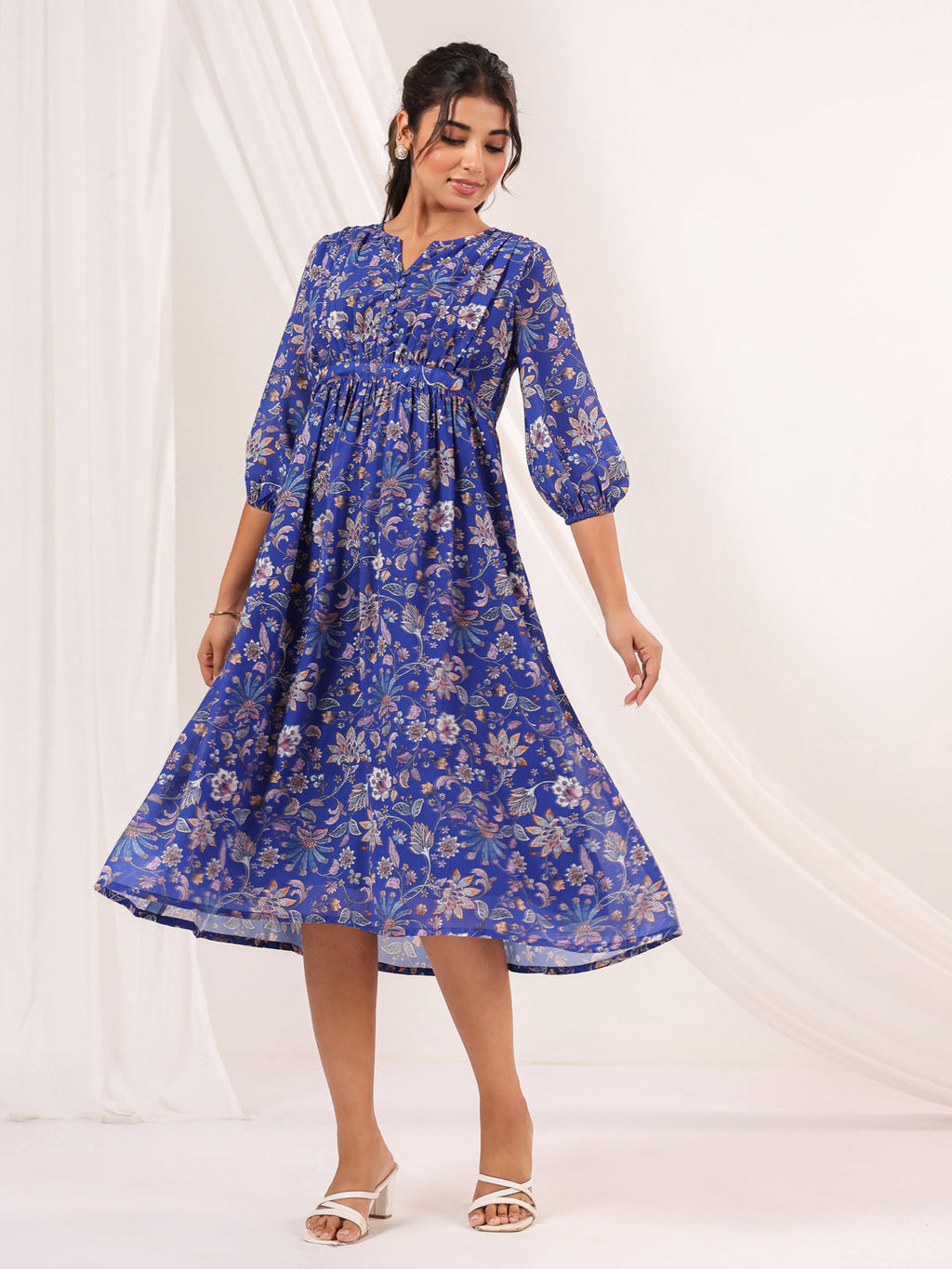 Janasya Women's Blue Georgette Floral Printed A line Dress