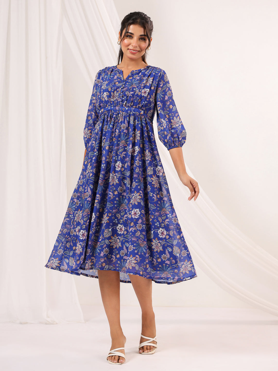 Janasya Women's Blue Georgette Floral Printed A line Dress