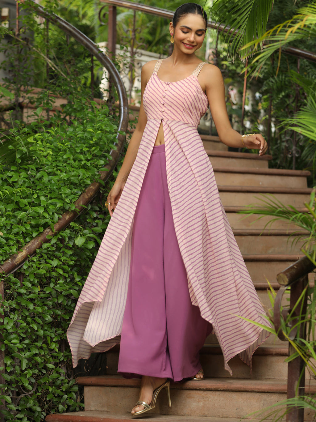Peach Georgette Striped Asymmetric Front Slit Kurta Palazzo Set