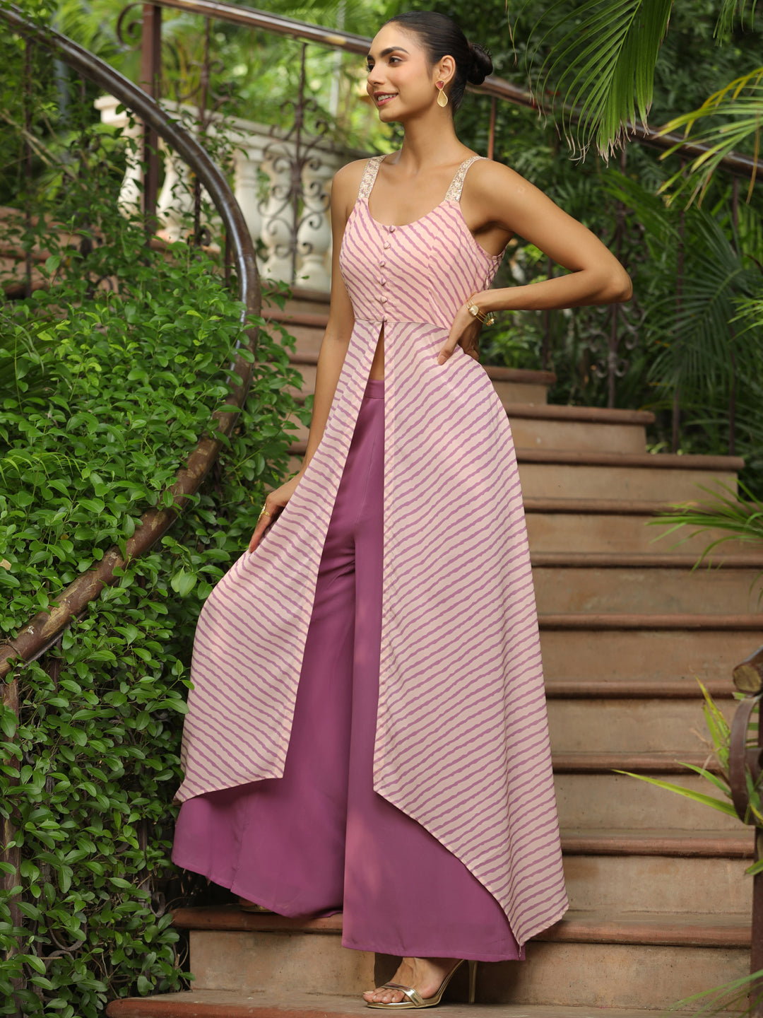 Peach Georgette Striped Asymmetric Front Slit Kurta Palazzo Set