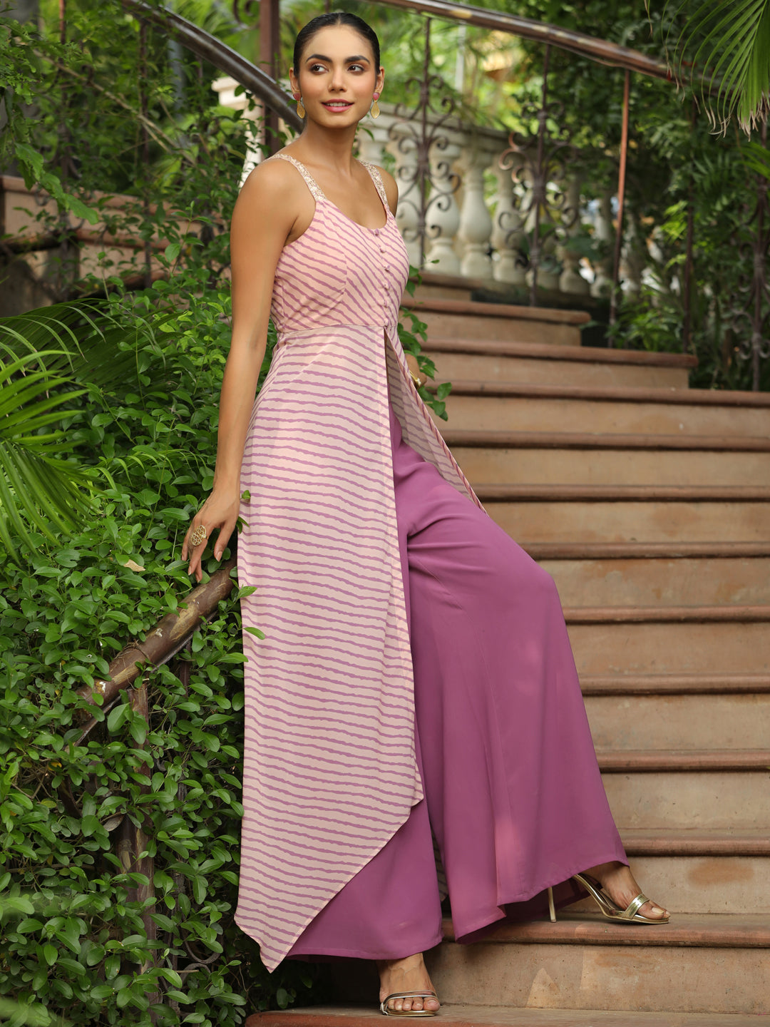 Peach Georgette Striped Asymmetric Front Slit Kurta Palazzo Set