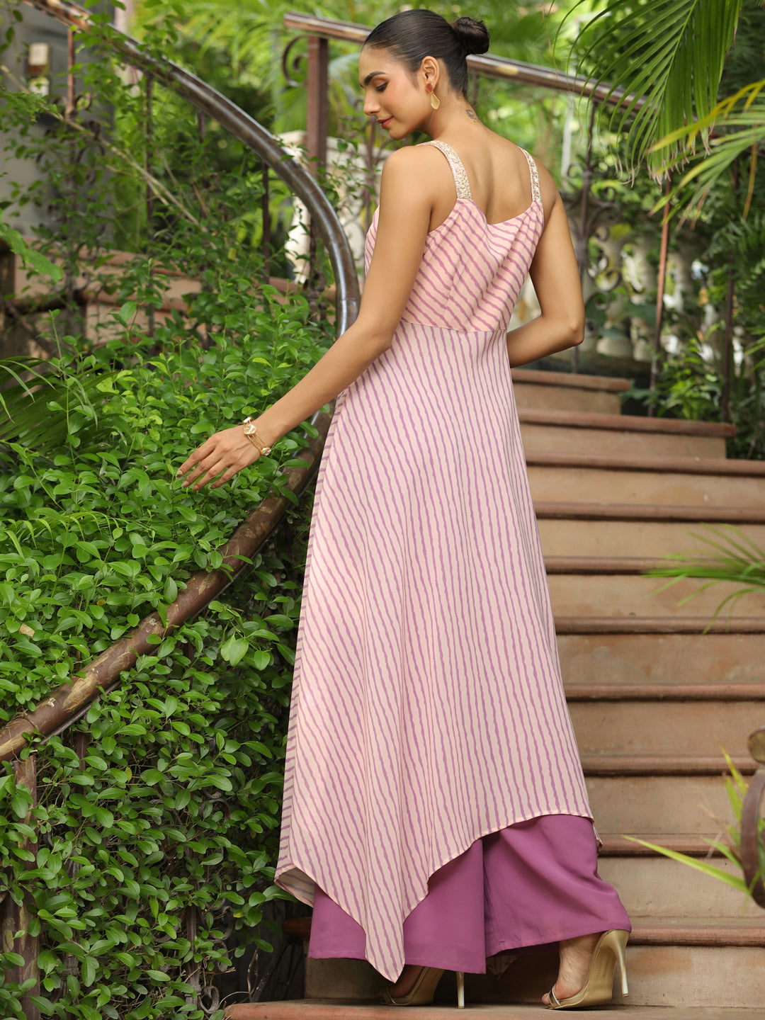 Peach Georgette Striped Asymmetric Front Slit Kurta Palazzo Set