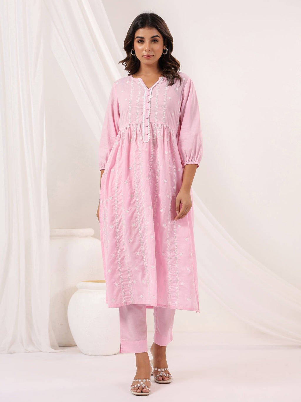 Janasya Women's Pink Pure Cotton Embroidered A line Kurta Pant Set
