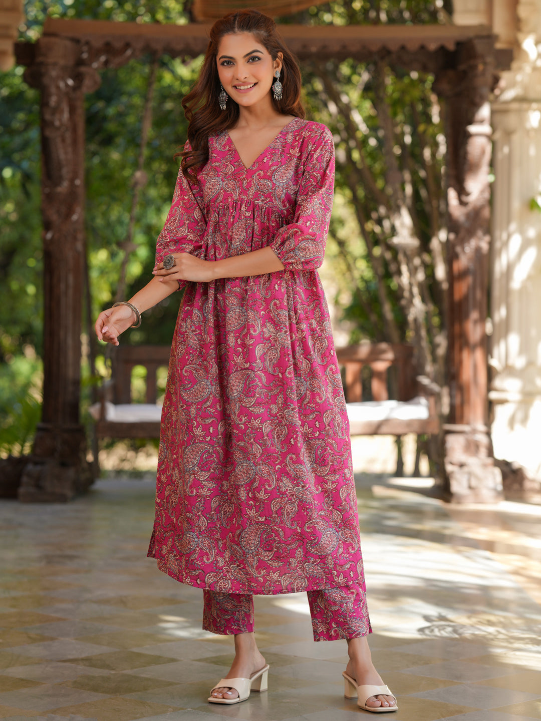 Pink Pure Cotton Floral Printed A-line Kurta Pant Set
