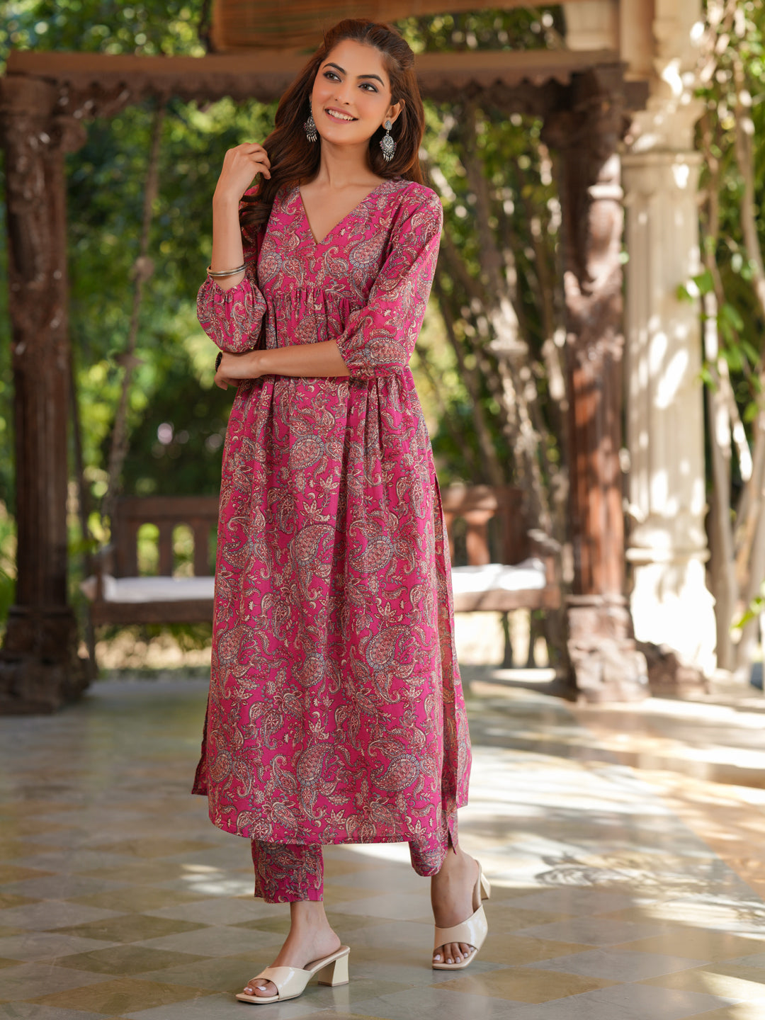 Pink Pure Cotton Floral Printed A-line Kurta Pant Set