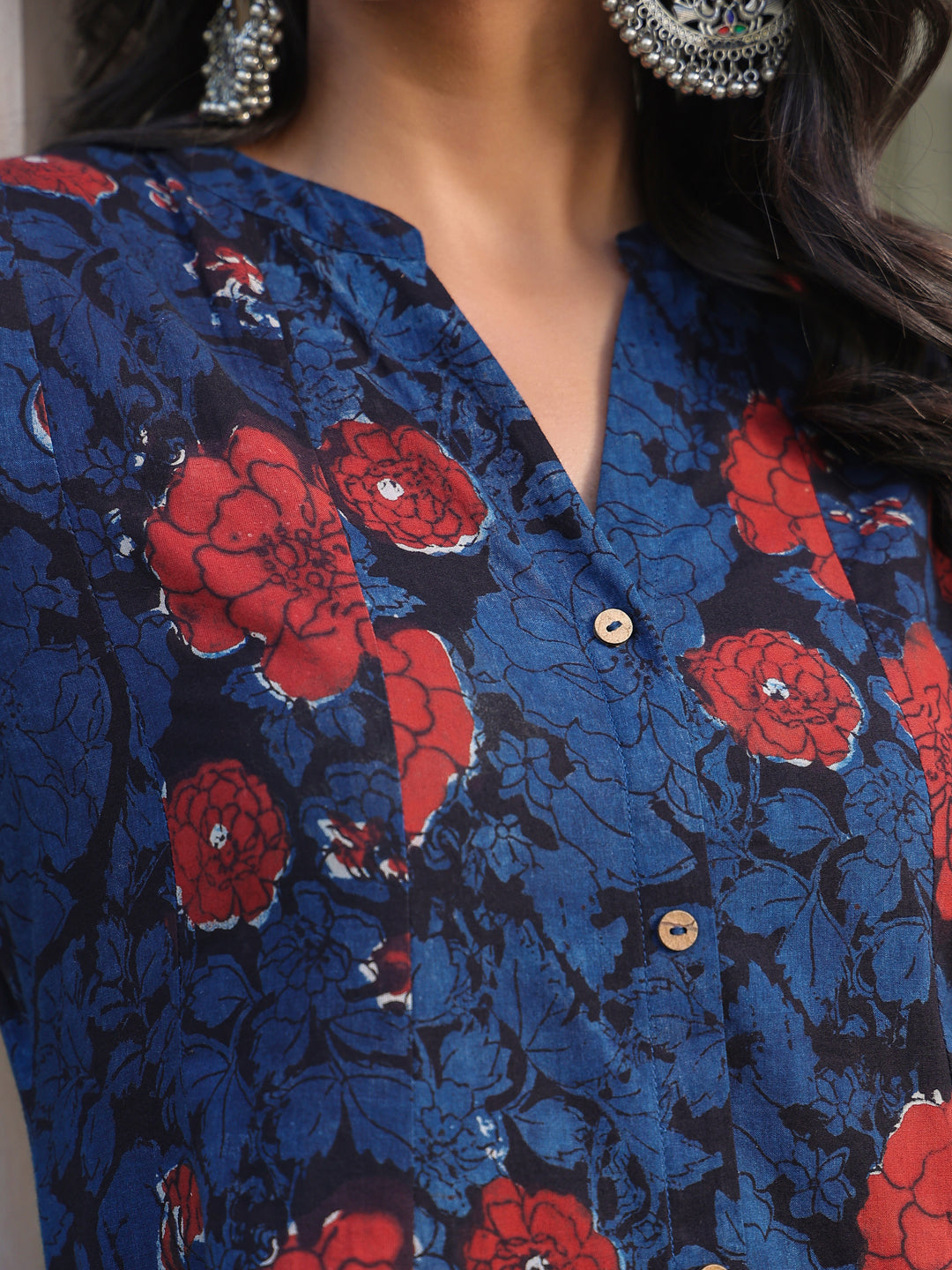 Navy Blue Pure Cotton Floral Printed A-line Kurta Pant Set