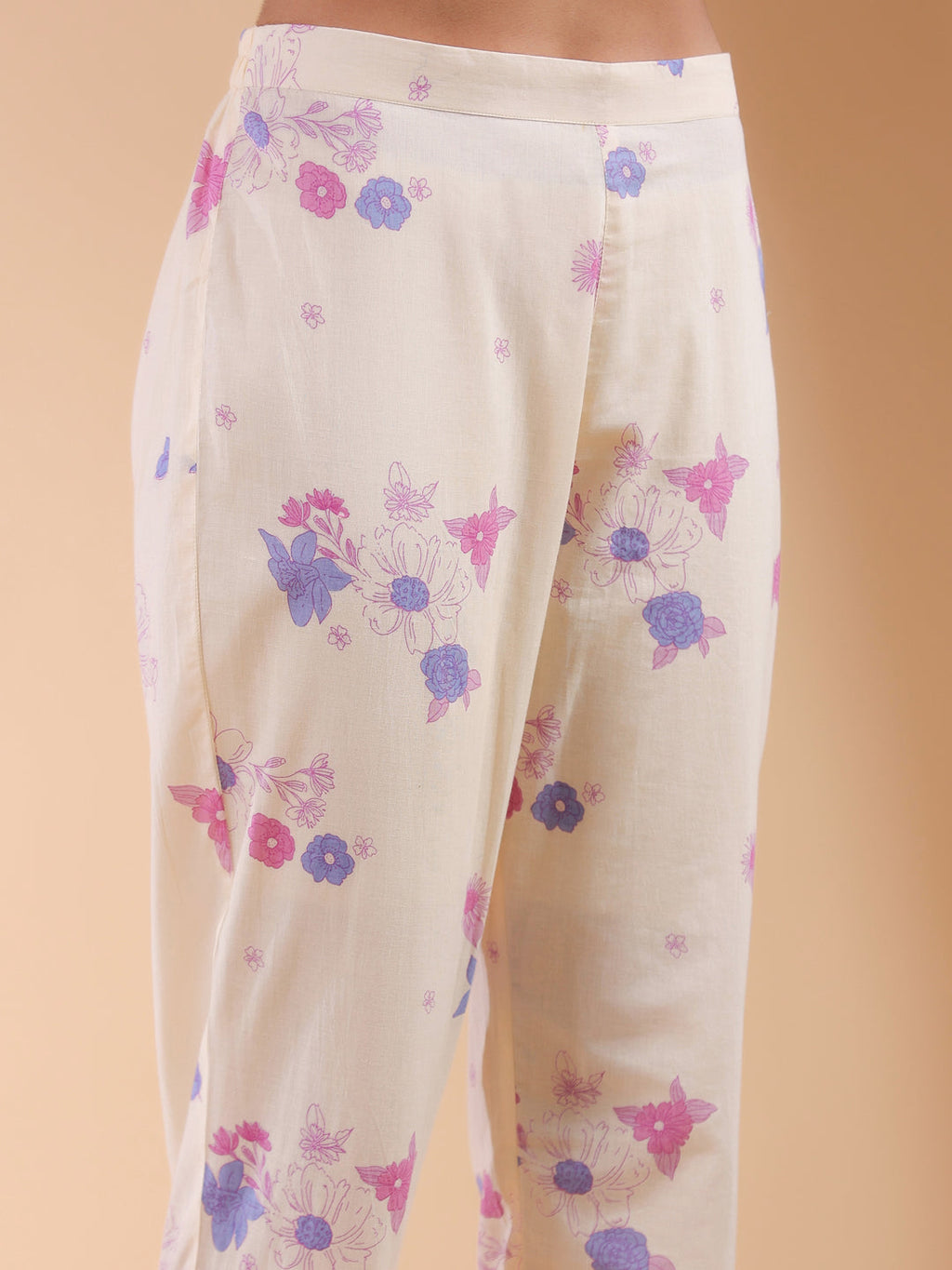 Cream Pure Cotton Floral Printed A-line Kurta Set
